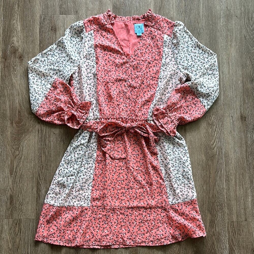 CeCe Ditsy Floral V-Neck Long Sleeve Dress Pink & White Size Medium